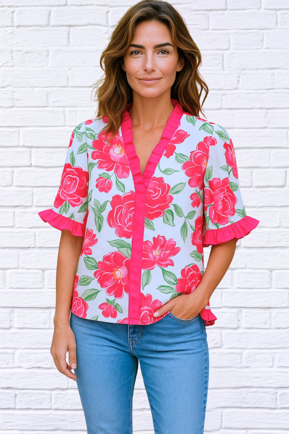 Floral Frilled V-Neck Short Sleeve Blouse Rose S