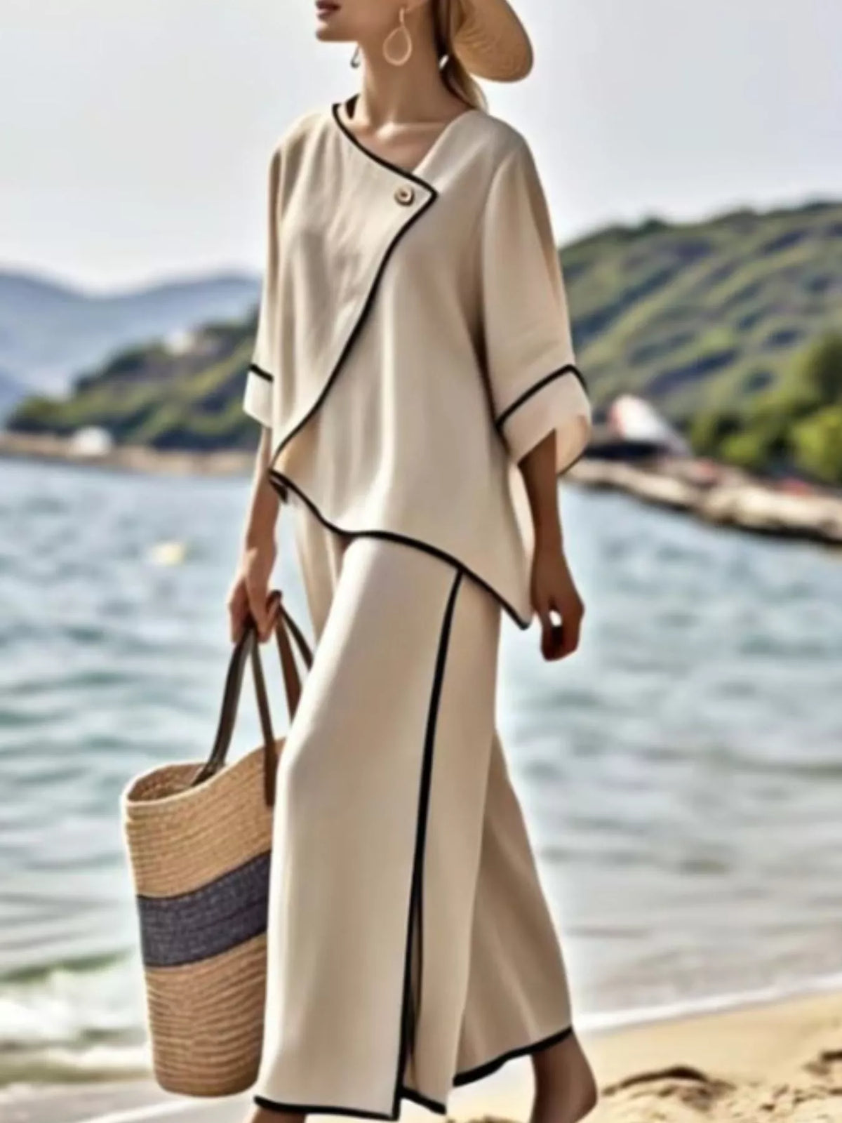 Full Size Contrast Trim Top and Wide Leg Pants Set Plus Size