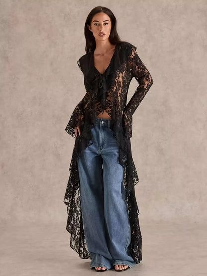 Lace Ruffle Trim High-Low Blouse