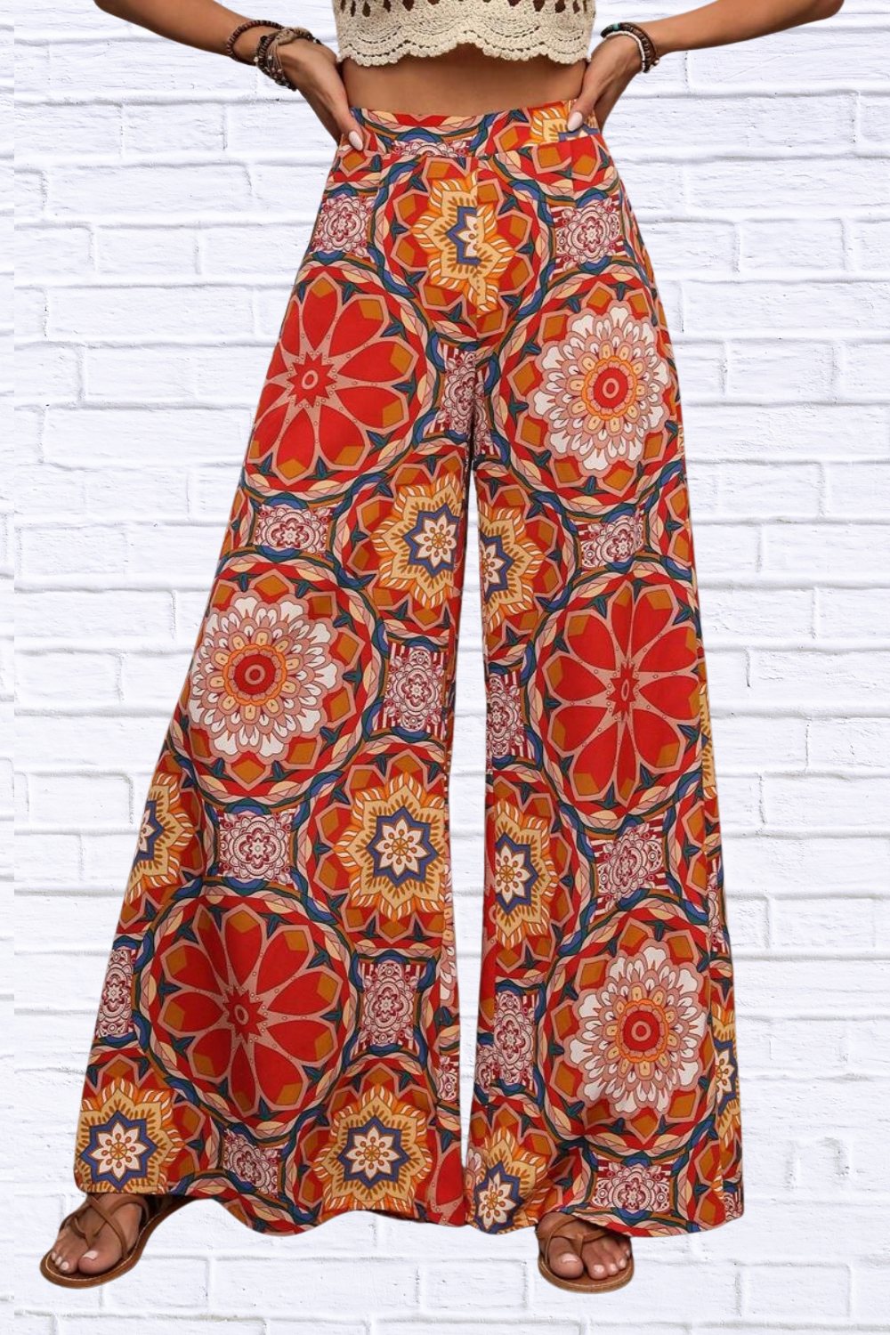 Printed Wide Leg Pants Orange-Red S