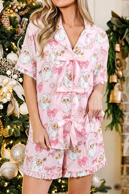 Santa Print Paneling Shift Silhouette Short Sleeve Lounge Set