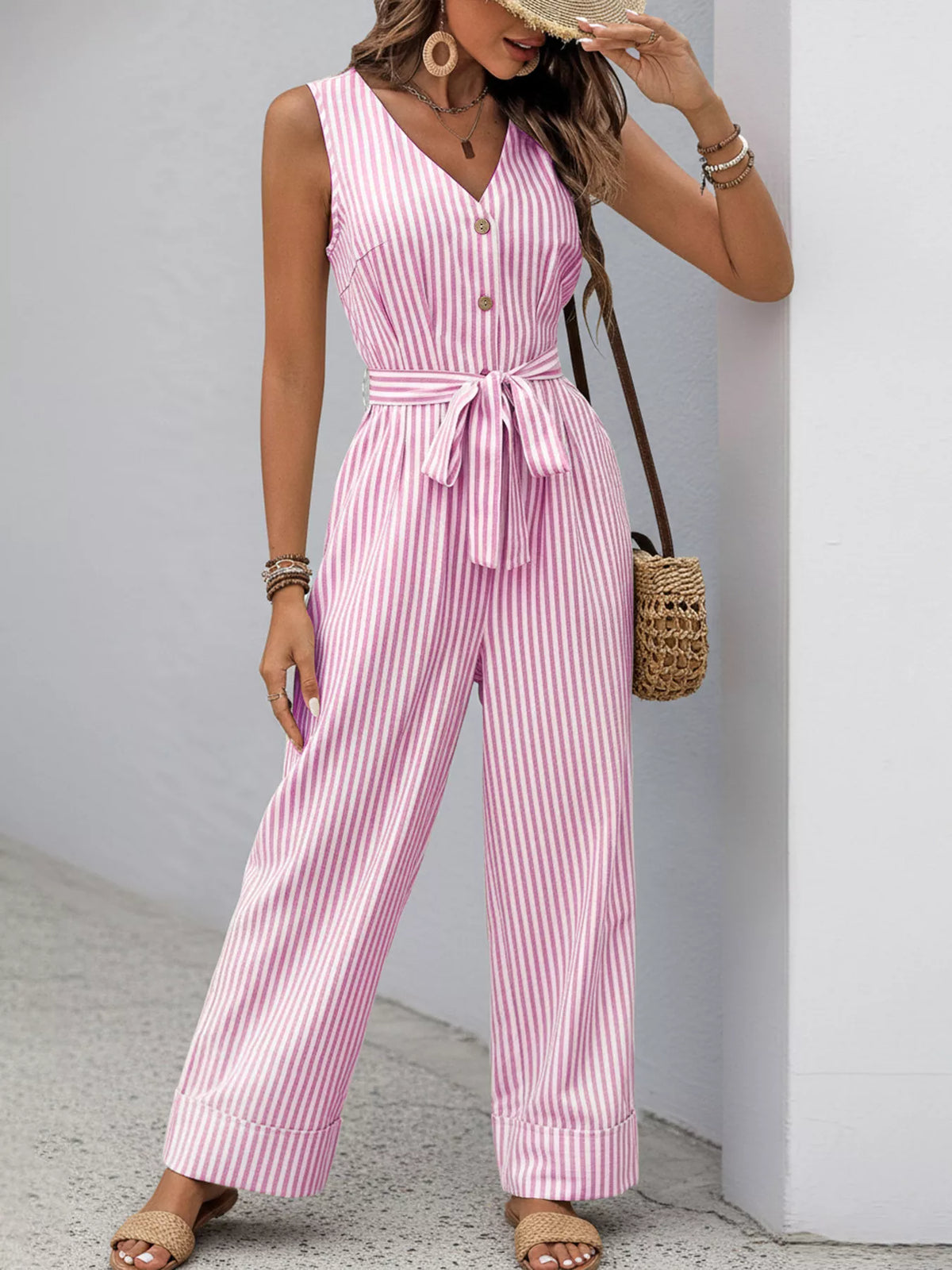 Sleeveless Striped V-Neck Jumpsuit
