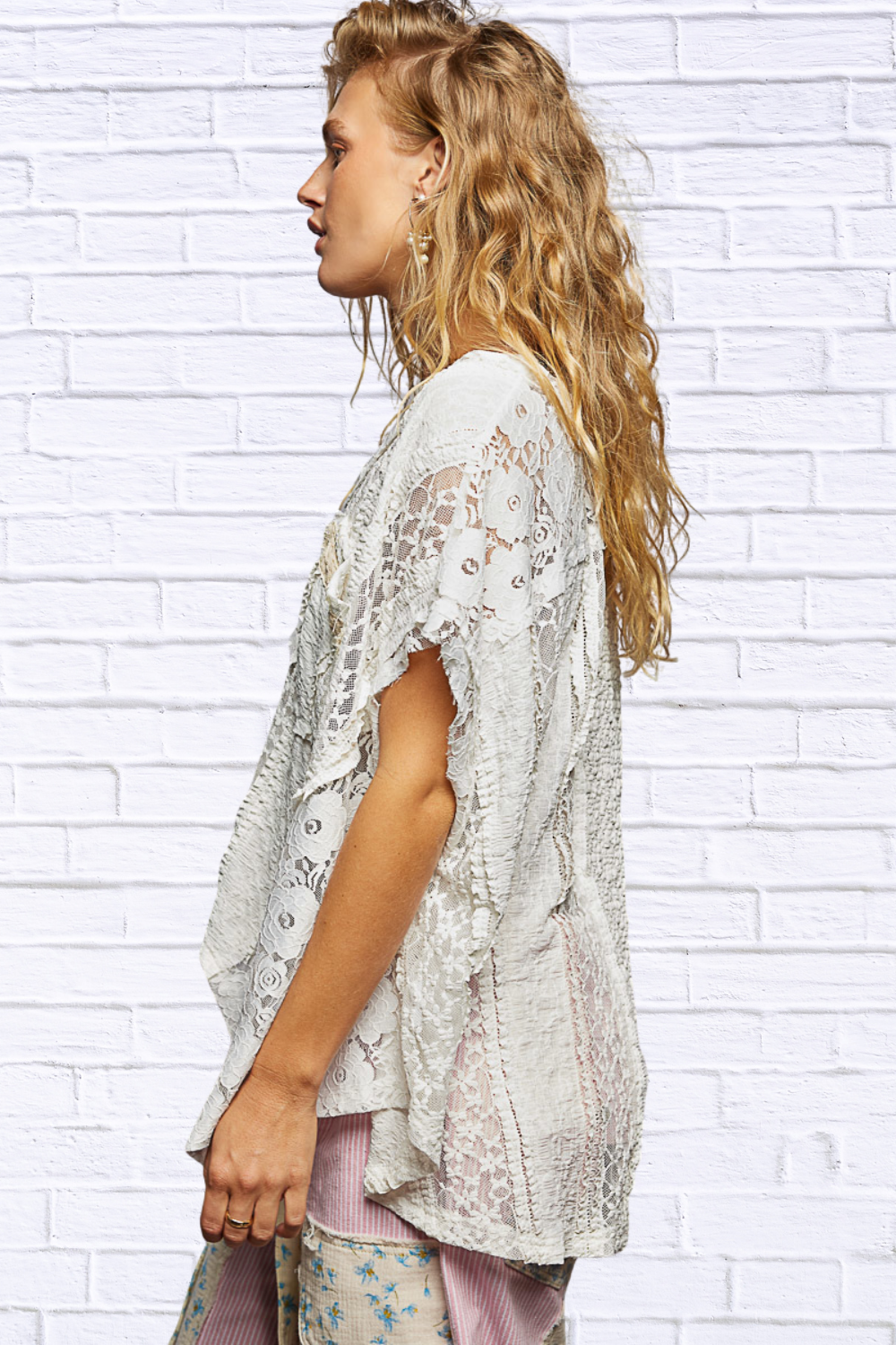 POL Asymmetrical V-Neck Short Sleeve Lace Top