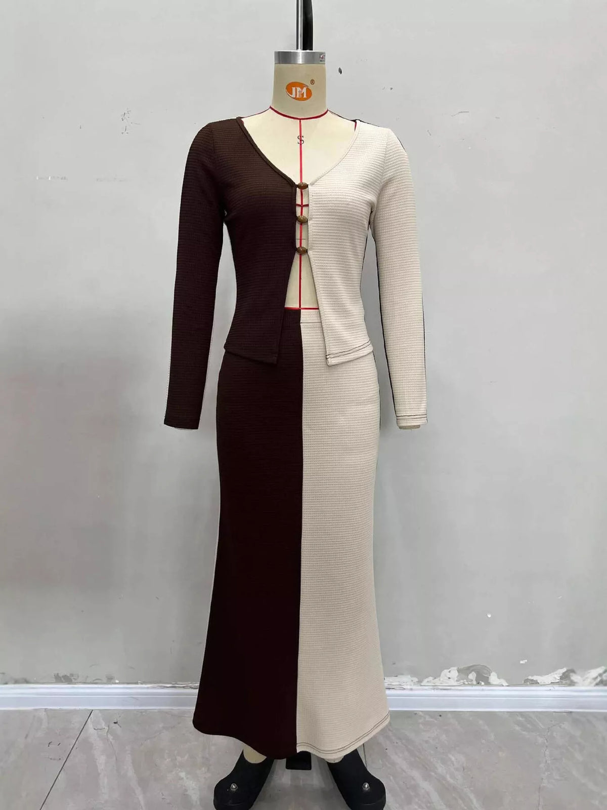 Two-Tone Long Sleeve Top and Maxi Skirt Set