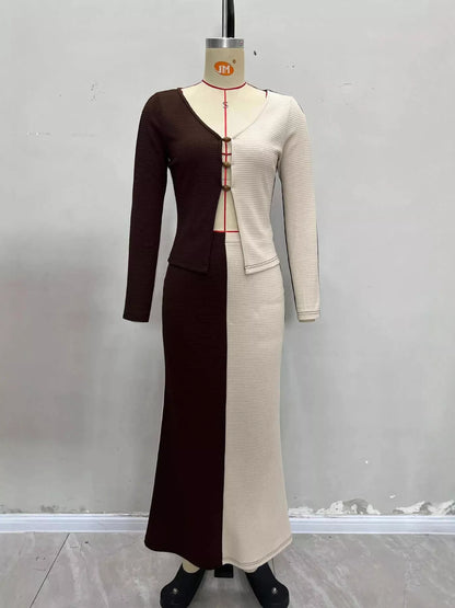 Two-Tone Long Sleeve Top and Maxi Skirt Set
