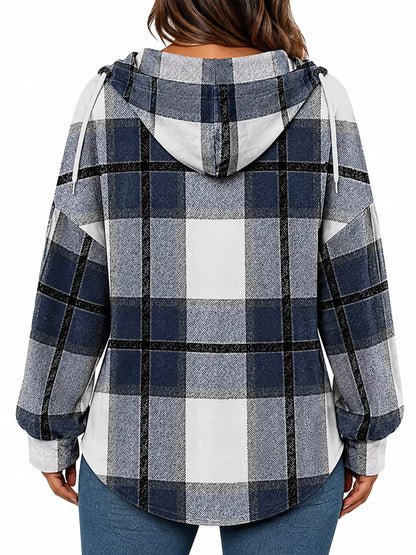 Plaid Long Sleeve Hoodie with Drawstring