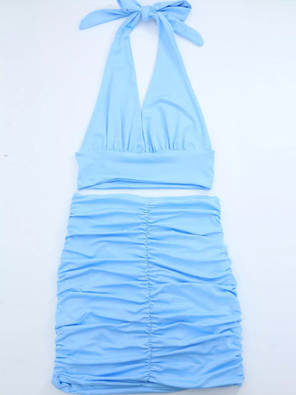 Halter Crop Top and Ruched Bodycon Mini Skirt Set