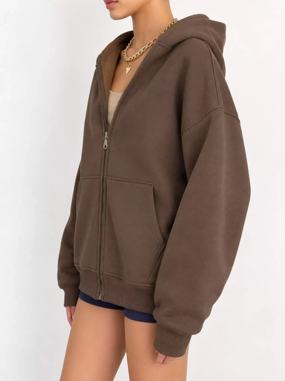 Full Size Zip-Up Dropped Shoulder Hoodie Plus Size