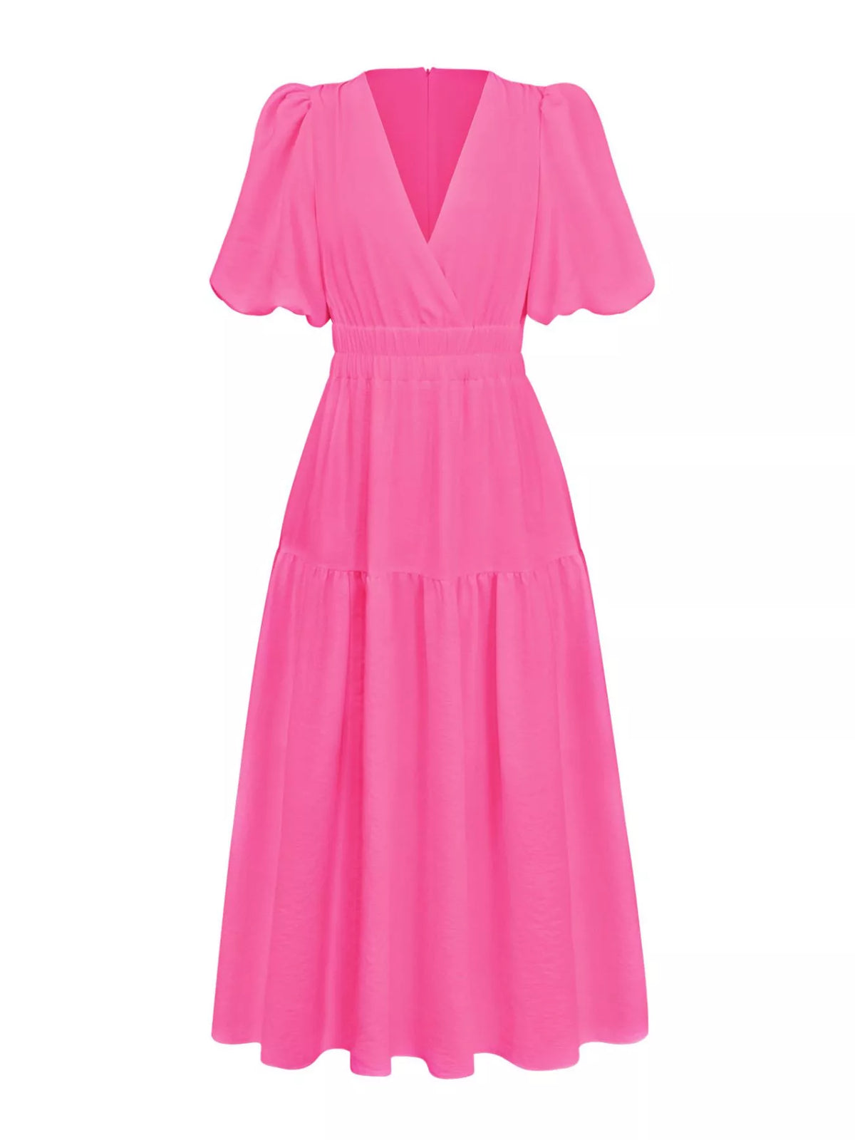 Elegant Puff Sleeve V-Neck Midi Dress