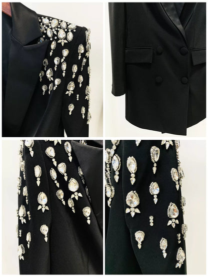 Full Size Rhinestone Shoulder Double-Breasted Blazer Plus Size