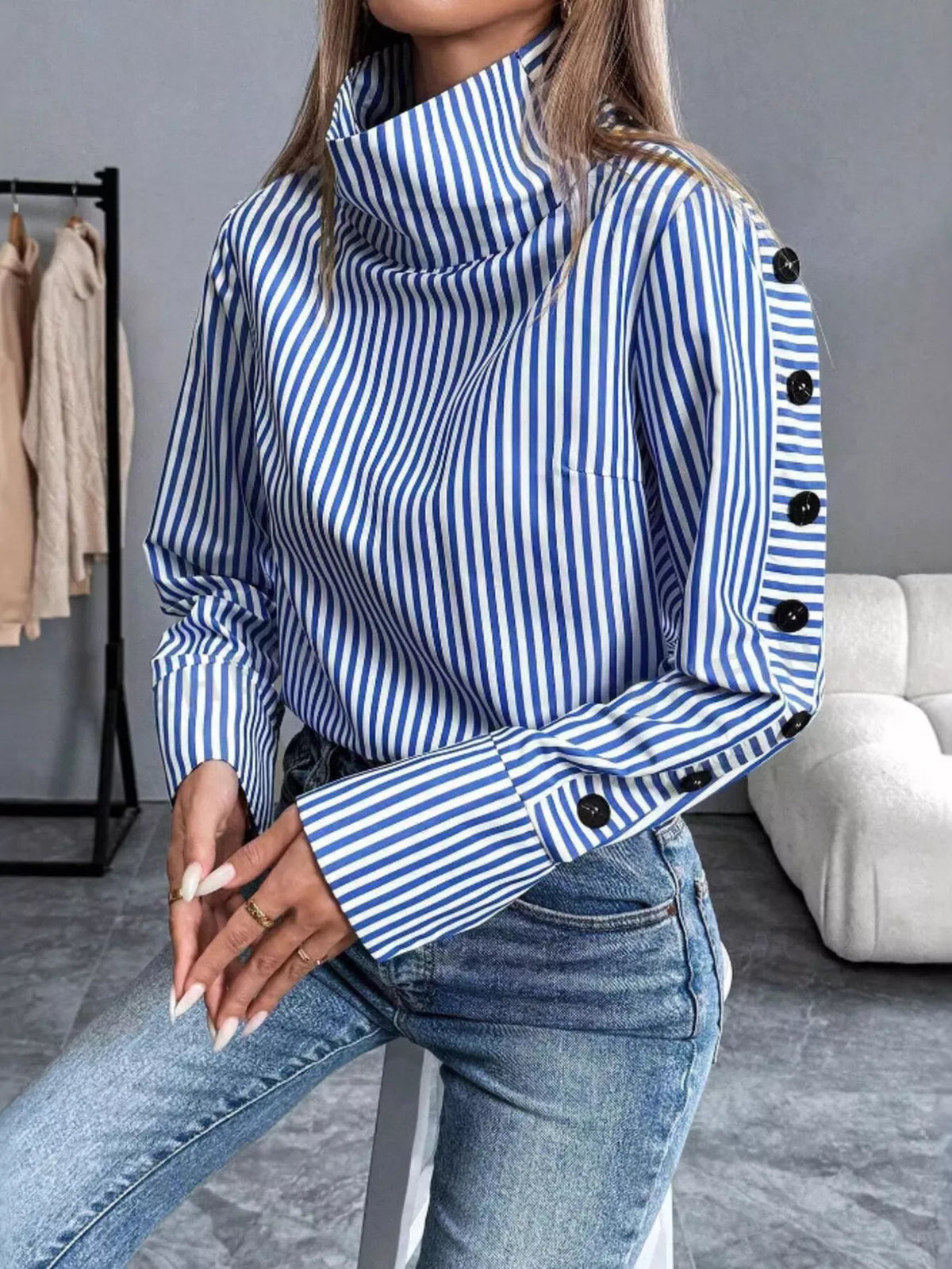 Striped Turtleneck Long Sleeve Blouse