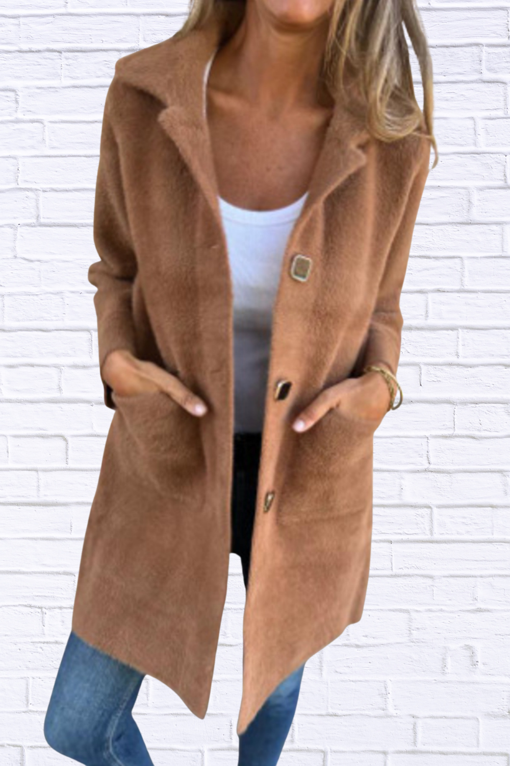 Full Size Button-Down Long Sleeve Longline Coat Plus Size Camel