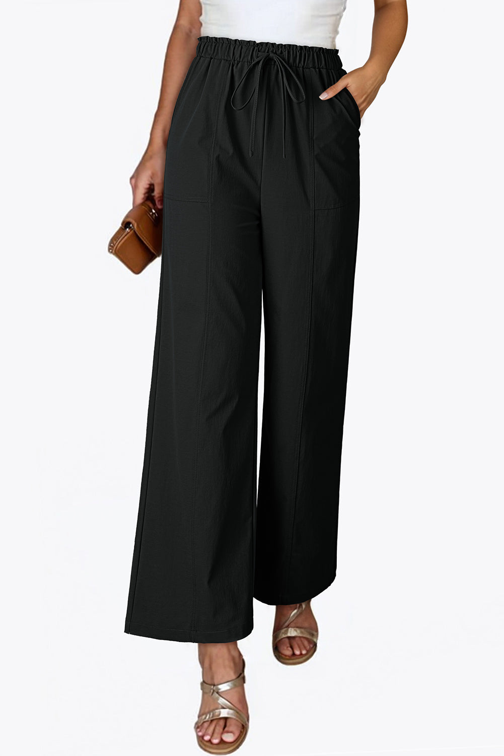 Black Solid Color Drawstring Elastic Waist Casual Loose Pants
