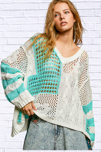 Color-Blocked Stripe Pattern Knit Top with Twisted Weave
