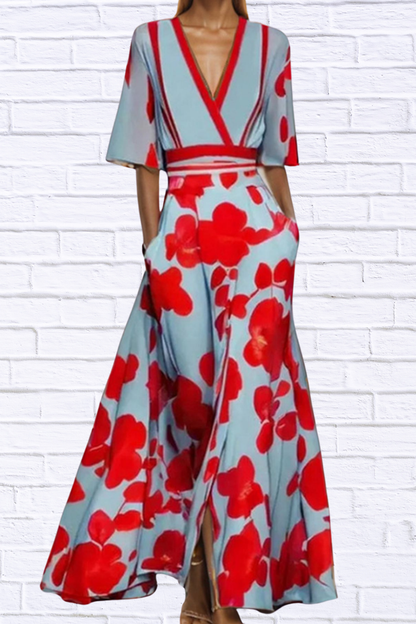 Floral Print Half Sleeve Maxi Dress Deep Red