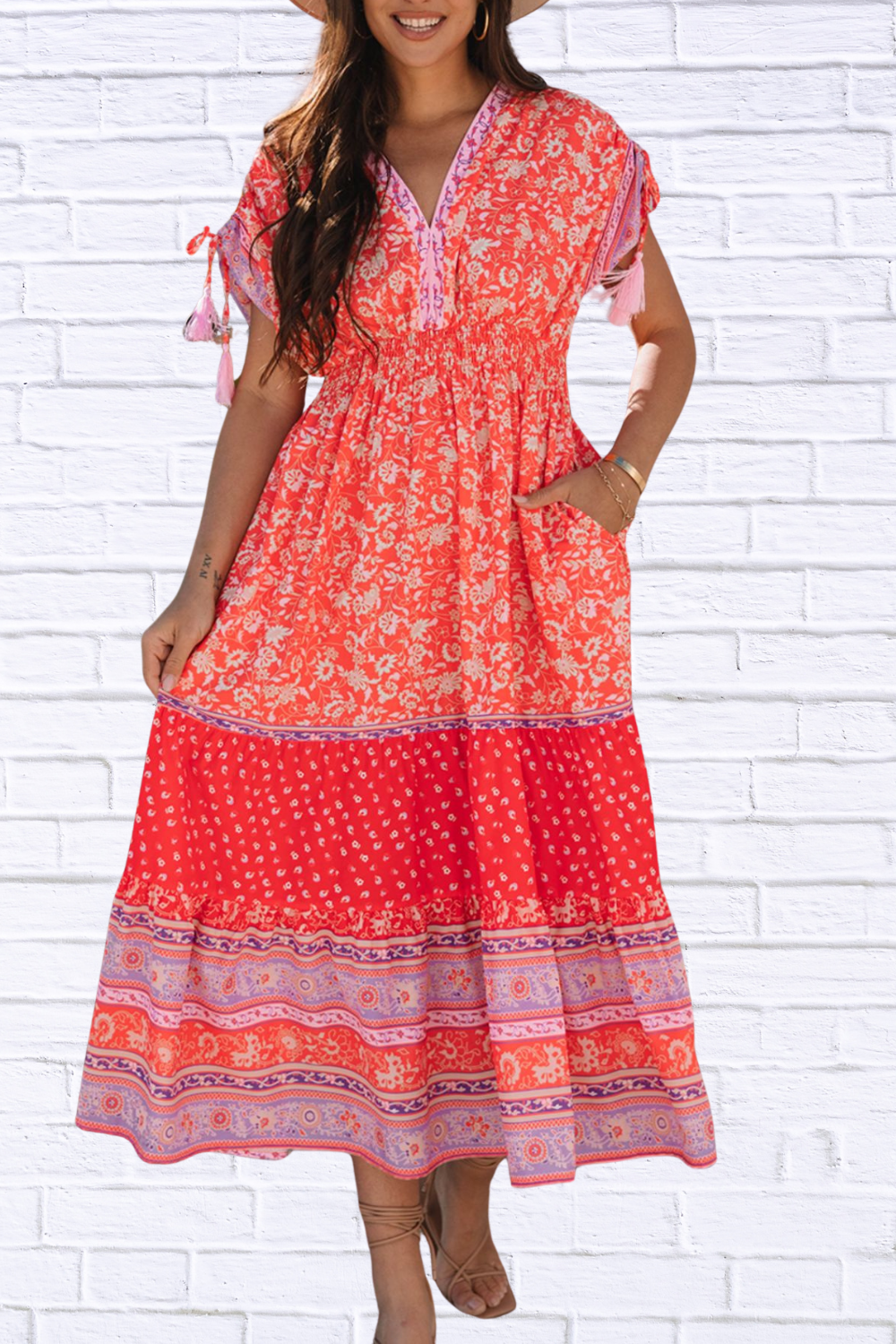 Floral Print Tasseled Tied Sleeve Empire Waist Dress