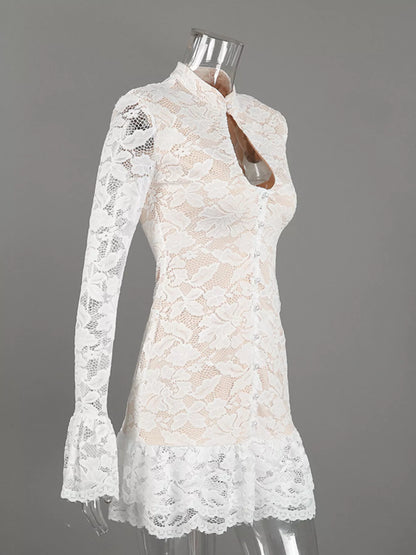 Lace Long-Sleeve Ruched Mini Dress