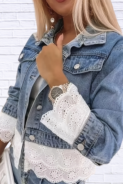 Cropped Denim Jacket with Lace Trim