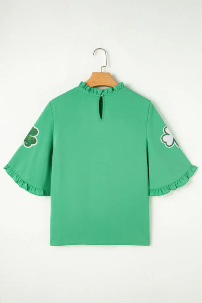 Sequin Clover Graphic Ruffled Trim Bell Sleeve St Patrick Blouse