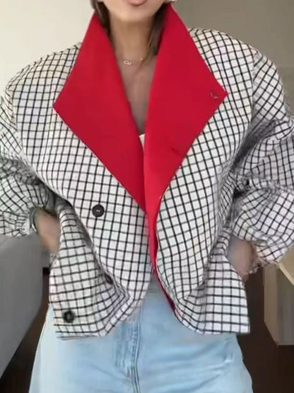 Contrast Lapel Plaid Casual Jacket