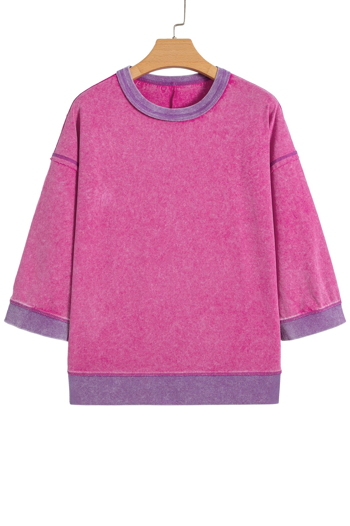 Strawberry Pink Mineral Wash Color Block Trim Bracelet Sleeve Pullover Top