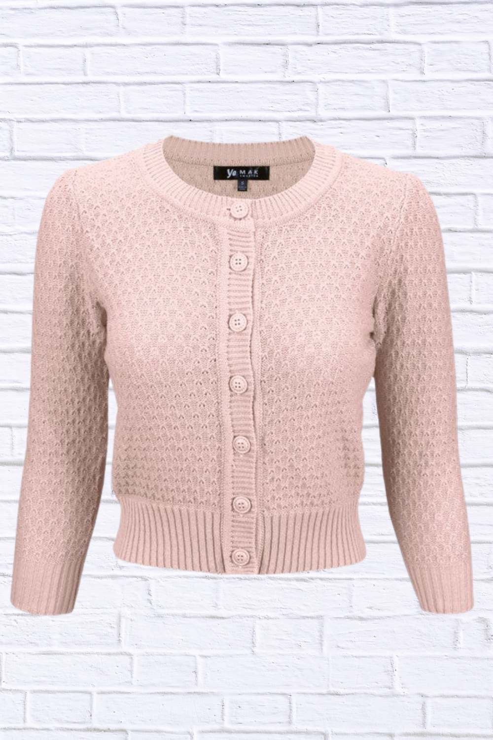 3/4 Sleeve Cute Pattern Cropped Cardigan Sweater Peach Beige