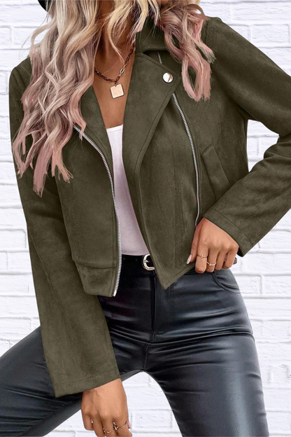Zip Up Suede Cropped Moto Jacket Green XL