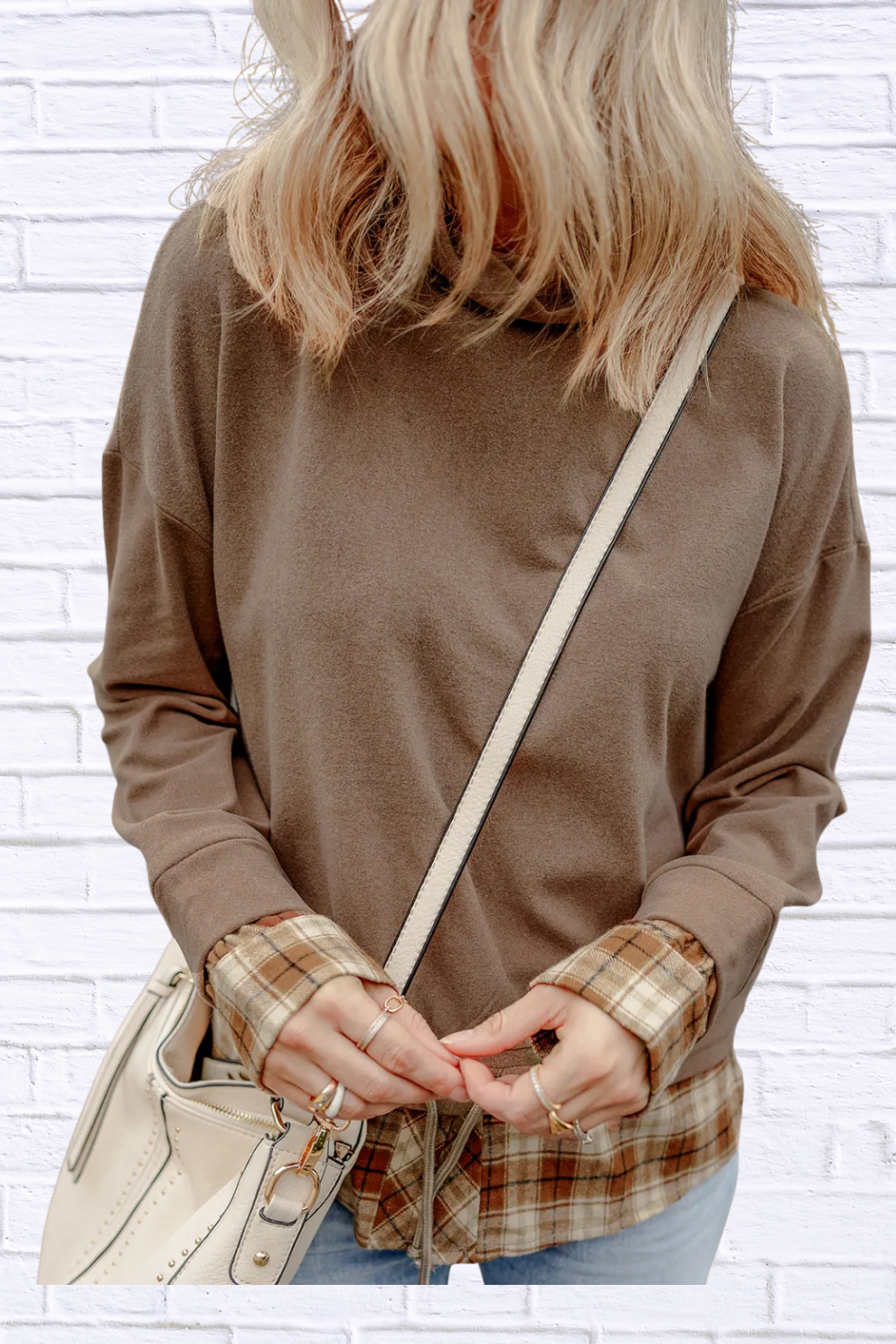 Drawstring Plaid Turtleneck Long Sleeve Top Mocha M