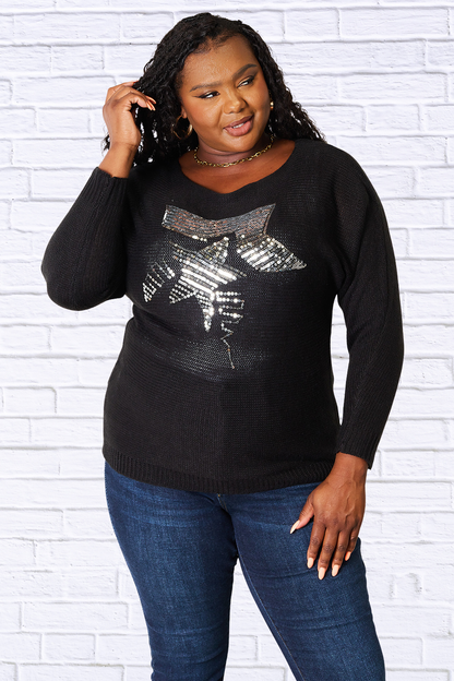 Sequin Graphic Dolman Sleeve Knit Top Black