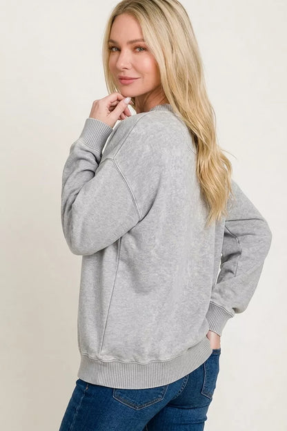 Zenana Fleece Acid Enzyme Washed Round Neck Sweatshirts