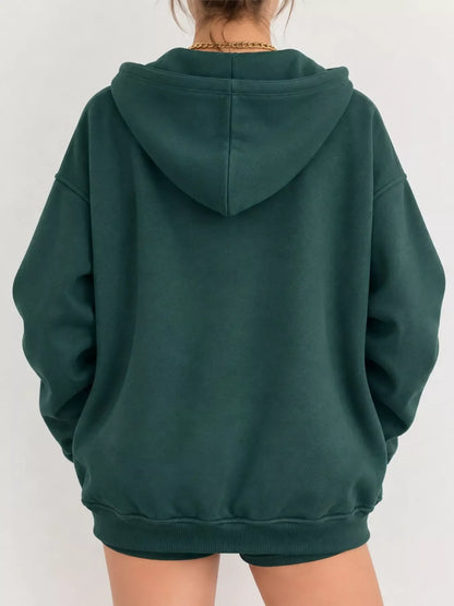 Full Size Zip-Up Dropped Shoulder Hoodie Plus Size