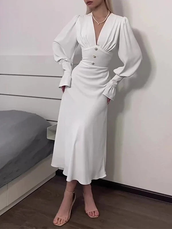 V-Neck Slim Sexy Dress White
