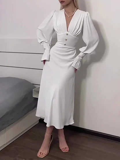 V-Neck Slim Sexy Dress White