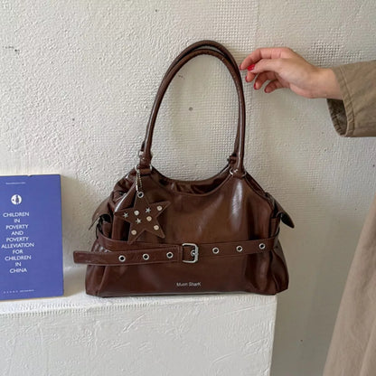 Buckle Detail Leather Shoulder Bag