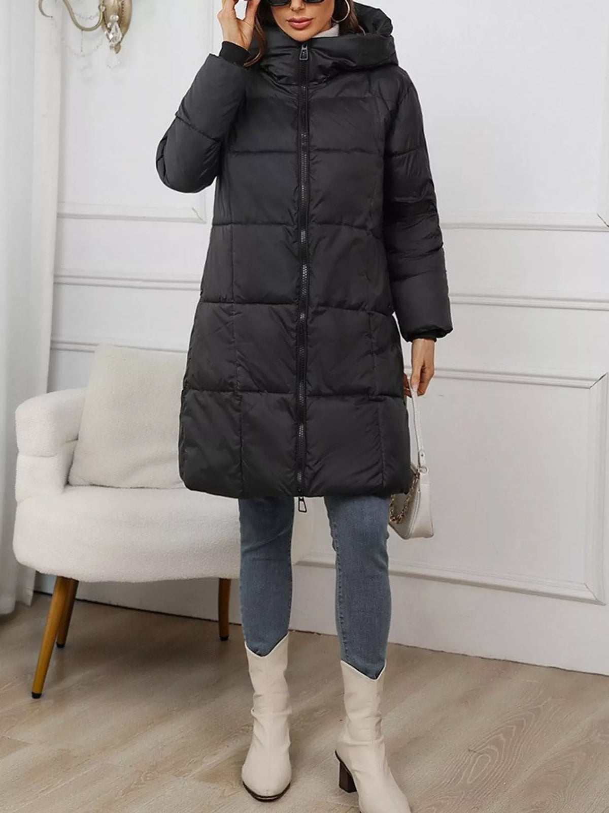 Full Size Zip Up Hooded Longline Puffer Outerwear Plus Size