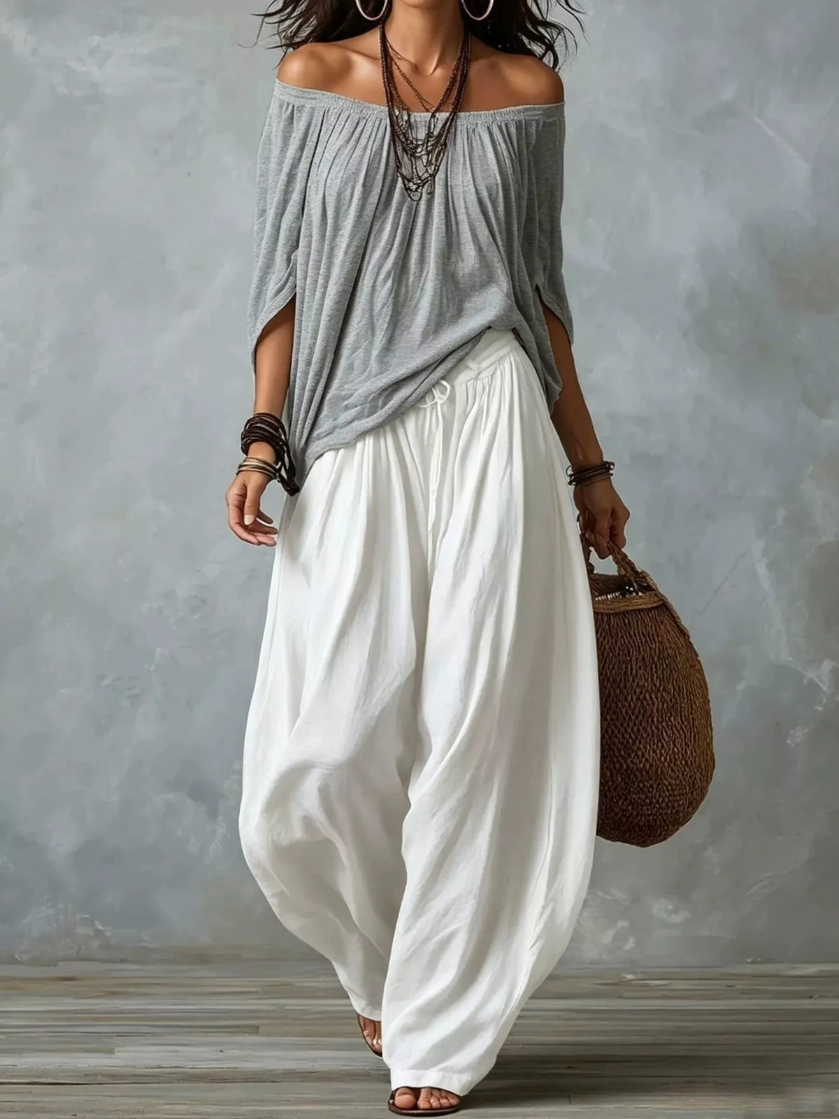 Full Size Off-Shoulder Top and Wide-Leg Harem Pants Set Plus Size