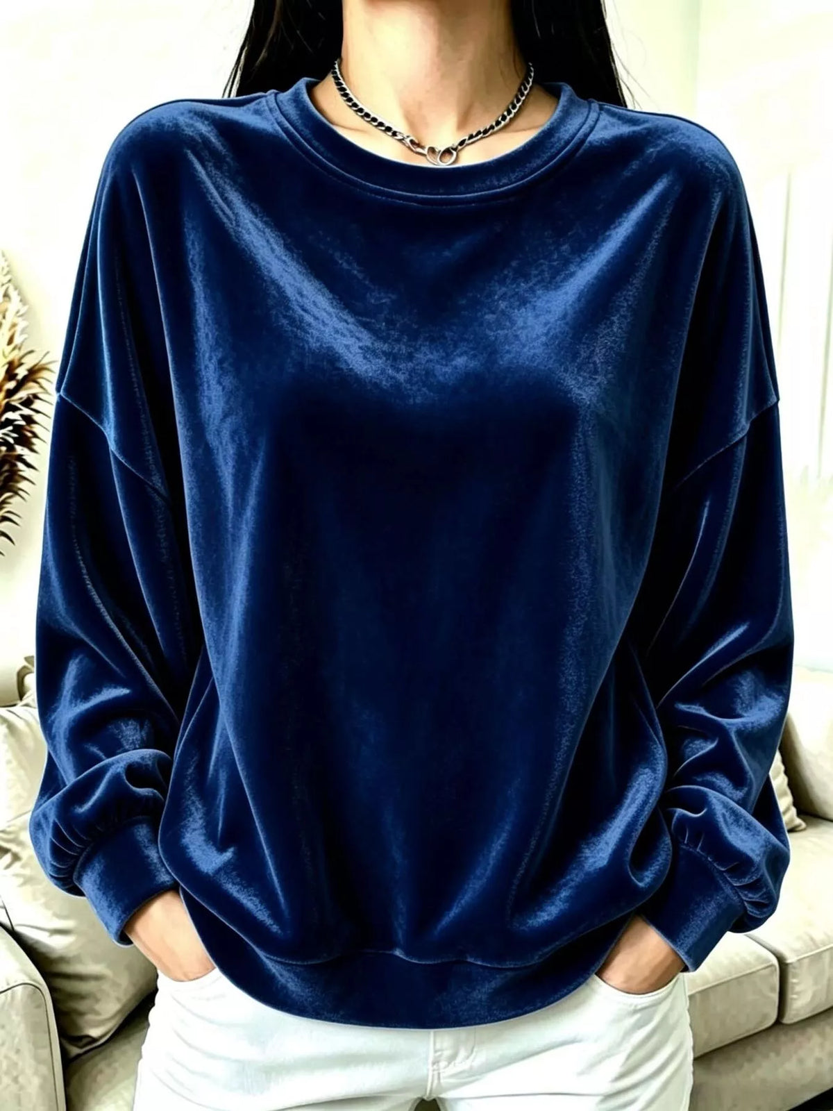 Full Size Velvet Dropped Shoulder Sweatshirt Plus Size