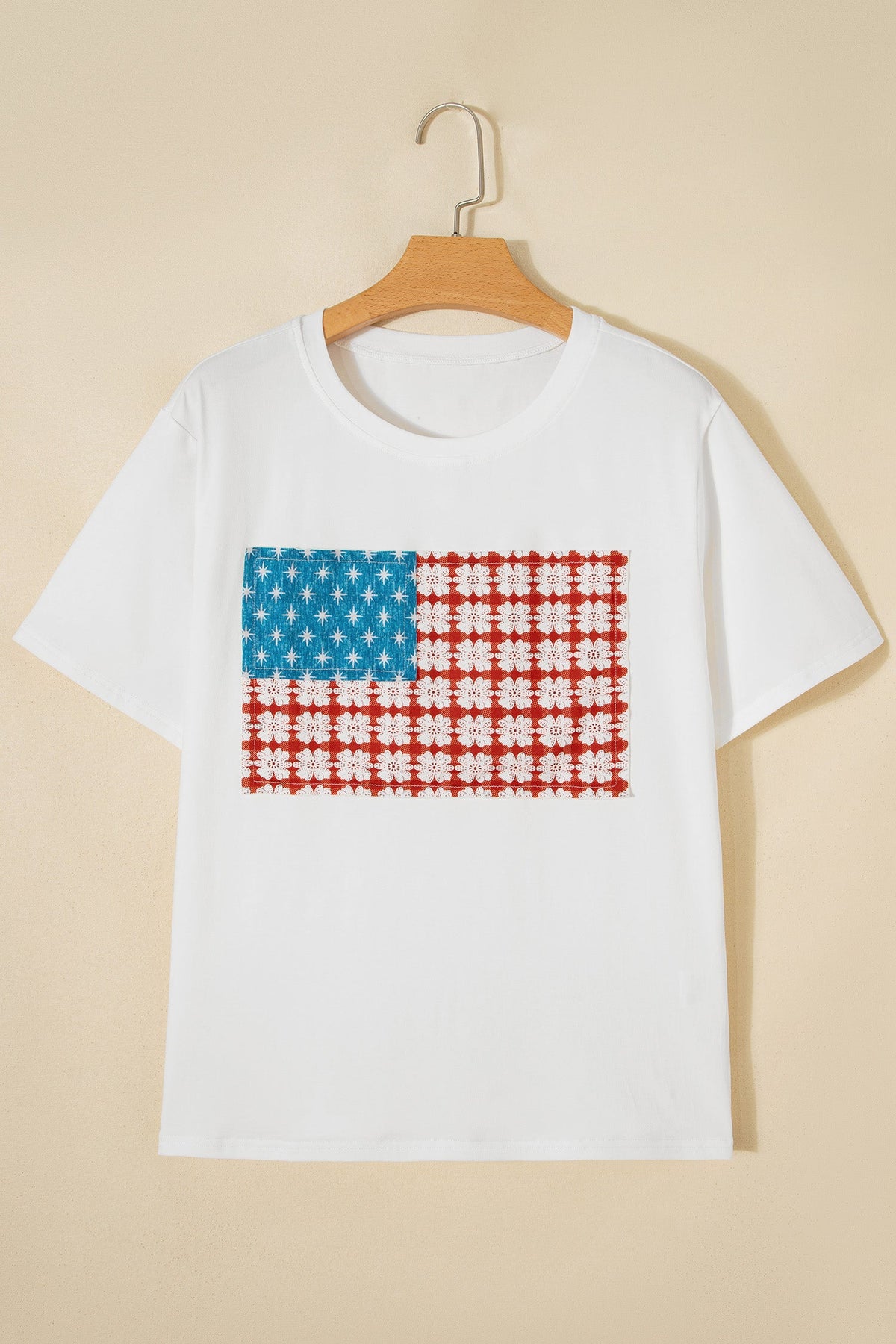 White Fancy Embroidered Patch Flag Casual T Shirt