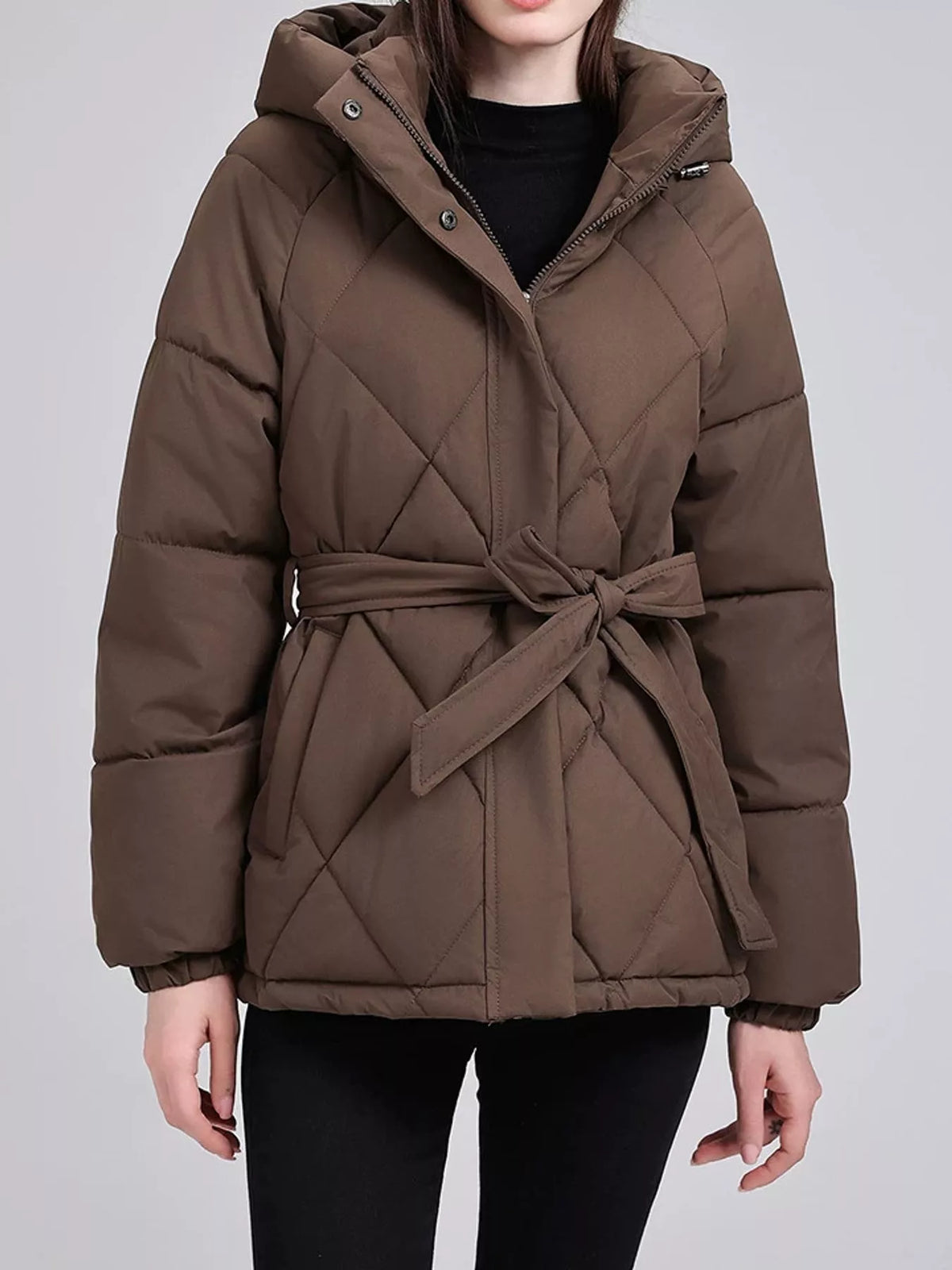 Quilted Waist Belt Hooded Puffer Outerwear