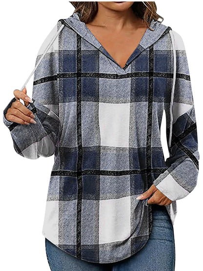 Plaid Long Sleeve Hoodie with Drawstring