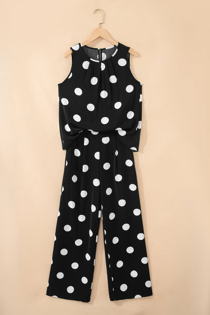 Black Polka Dot Print Pleated Round Neck Tank Casual Wide Leg Two-Piece Outfit