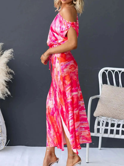 One Shoulder Printed Dress with Slit