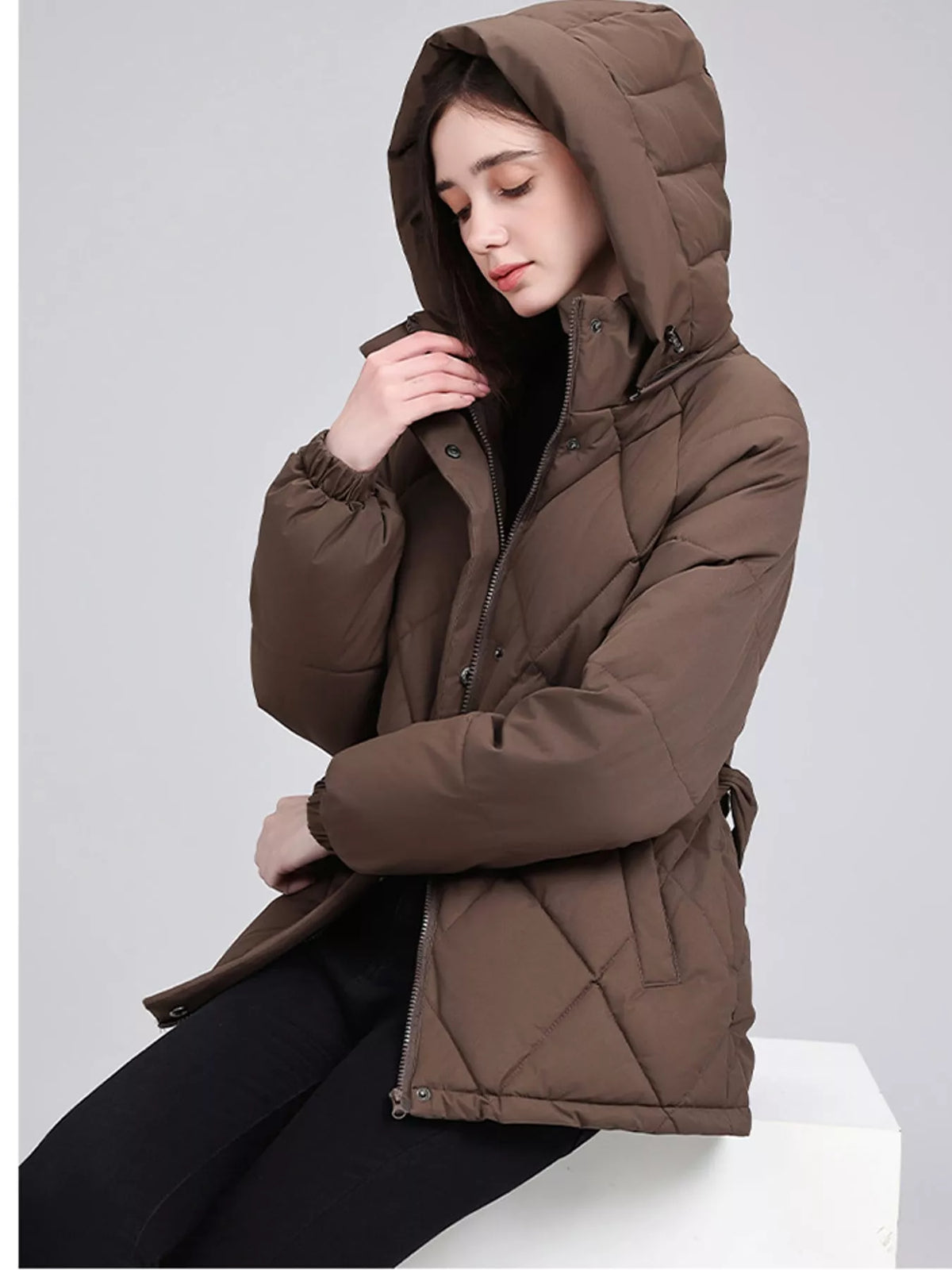 Quilted Waist Belt Hooded Puffer Outerwear