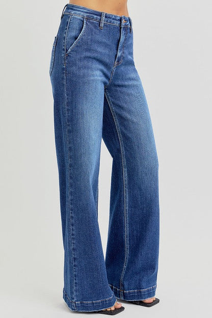 Risen Full Size High Rise Wide Leg Jeans With Slanted Pockets