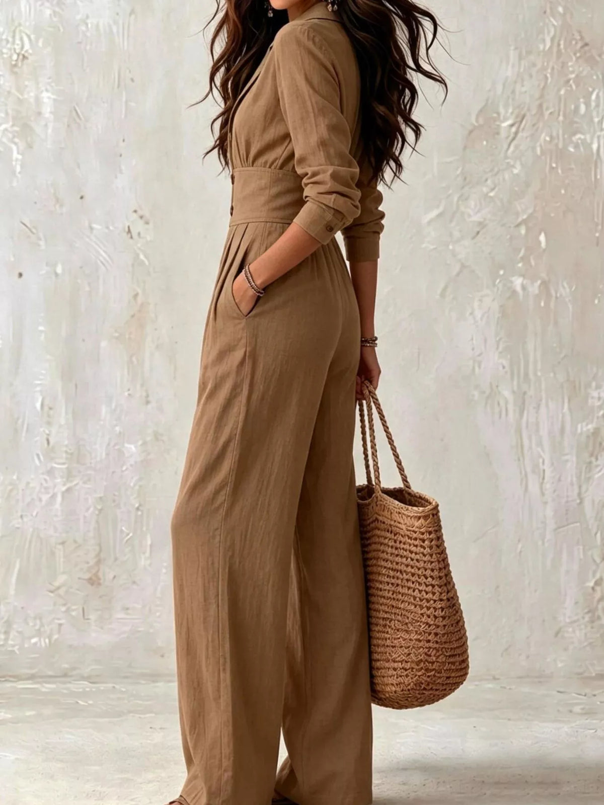 Lapel Collar Button Front Wide-Leg Jumpsuit
