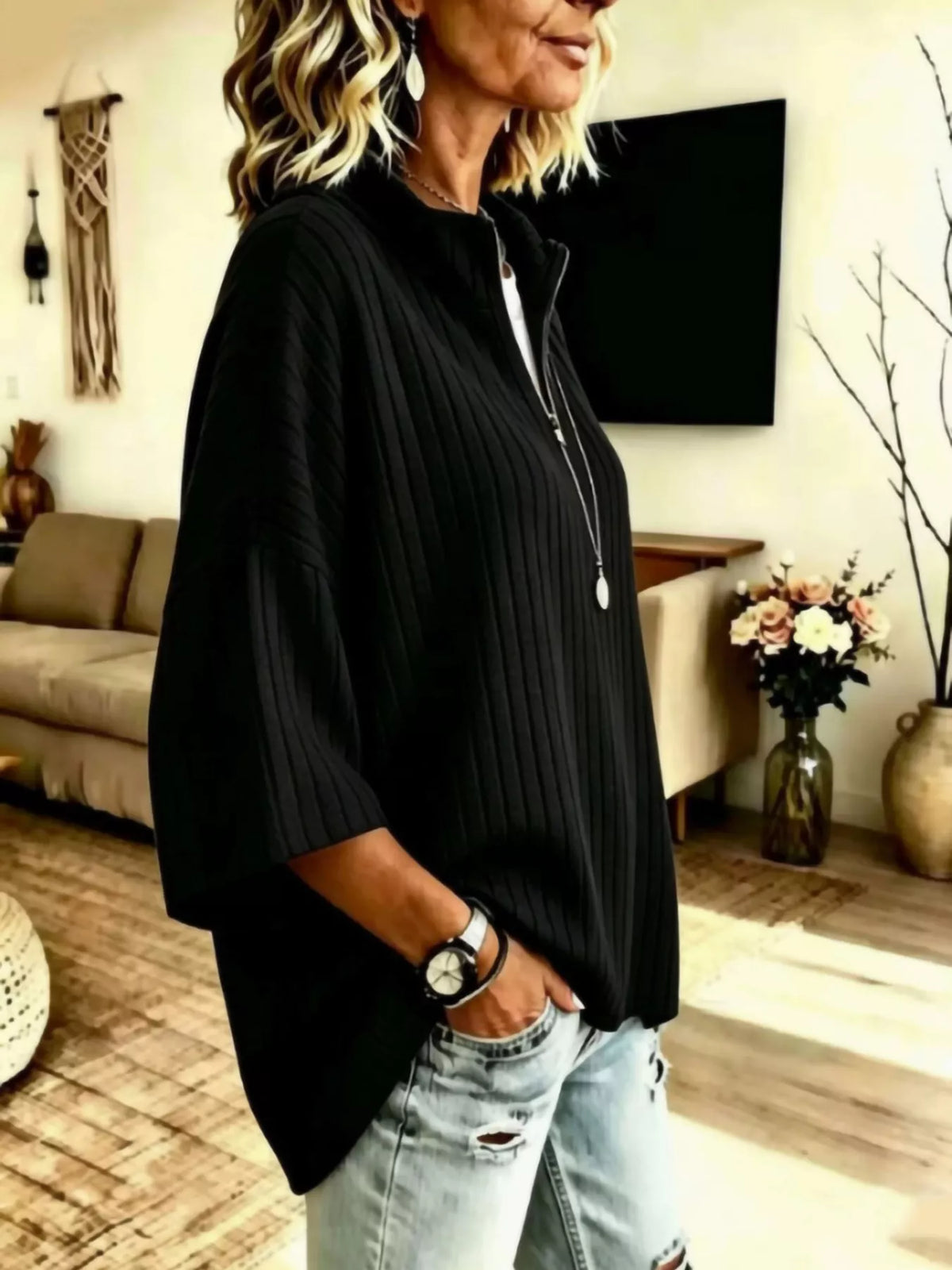 Half-Zip Ribbed Knit Top