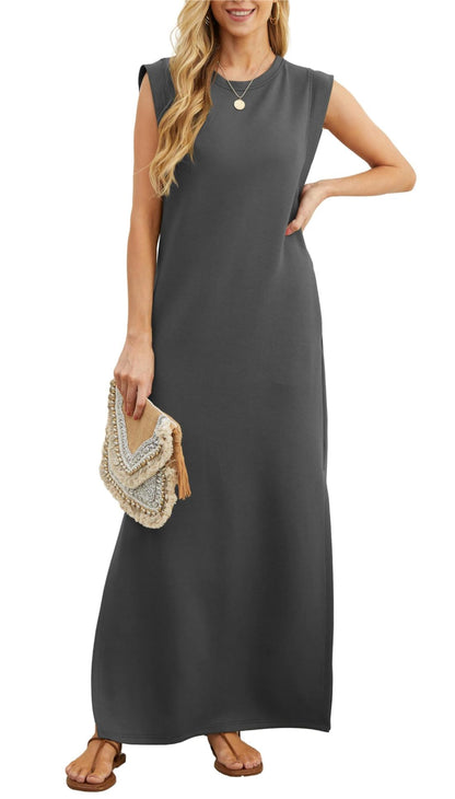 Women Round Neck Casual Loose Split Wrinkle-Free Long Maxi Beach Dress with Pockets