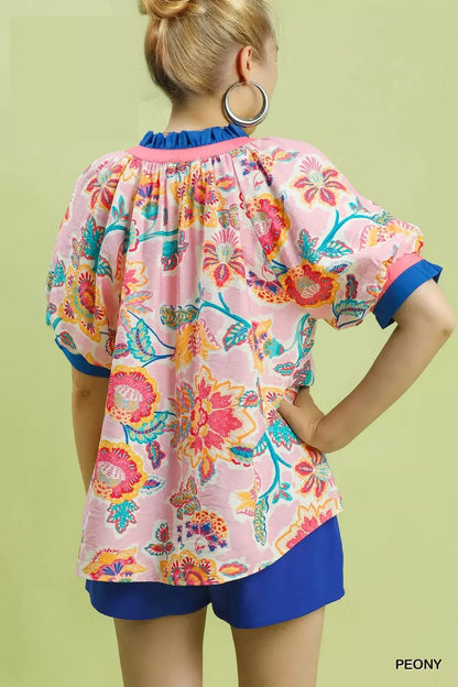 Umgee Floral Print Ruffled Short Sleeve Top