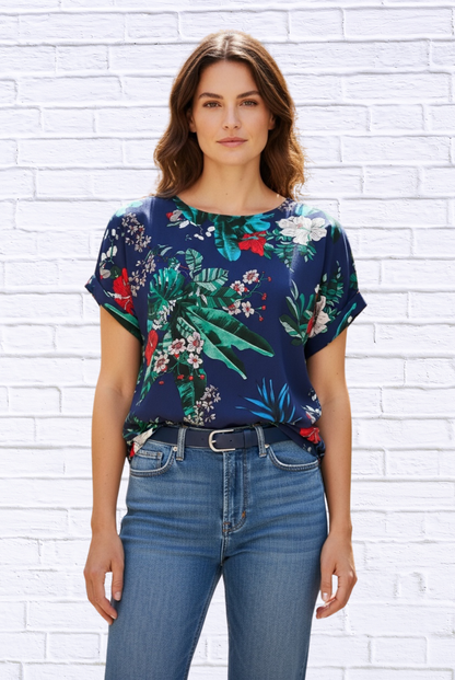 Navy Tropical Floral Viscose Blouse – Short Sleeve Round Neck Lightweight Top Red and Navy Floral