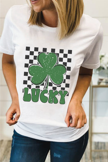 White Checker LUCKY Clover Printed St Patricks T Shirt